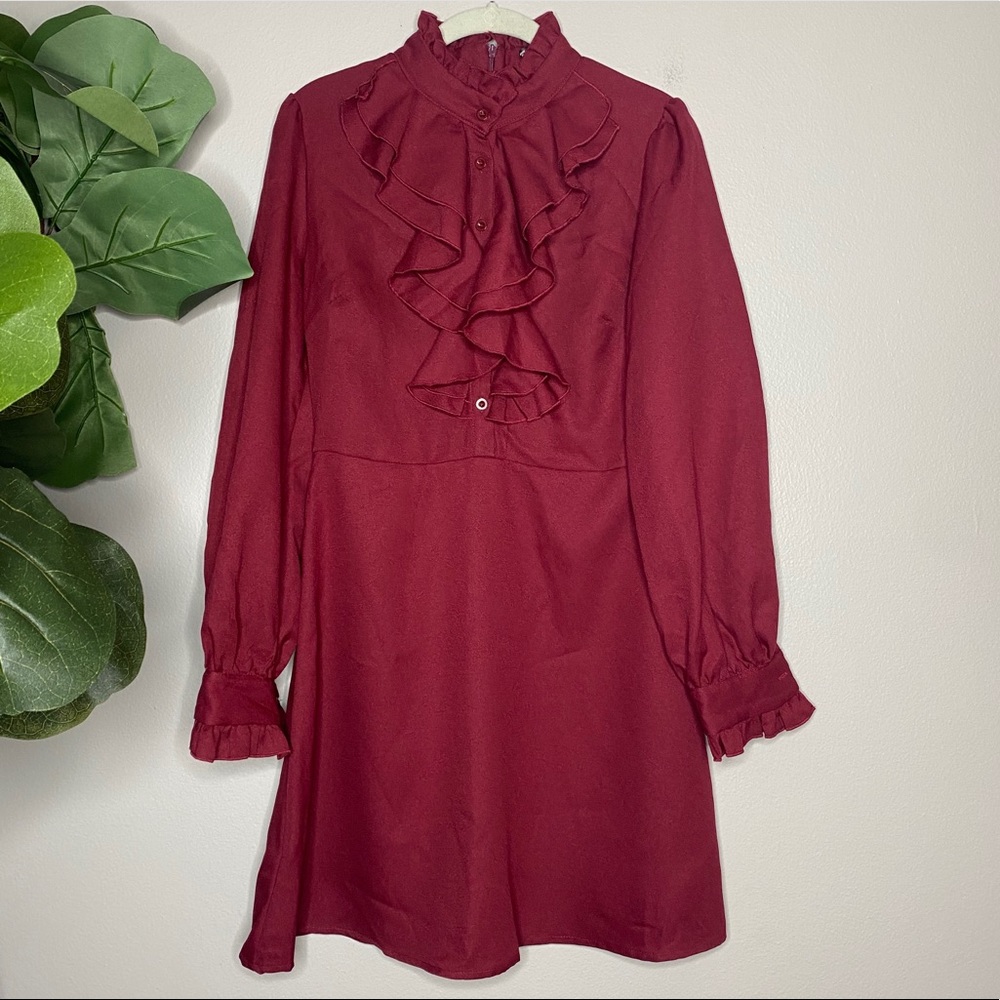 Shein Long Sleeved High Neck Ruffled Dress Red M
